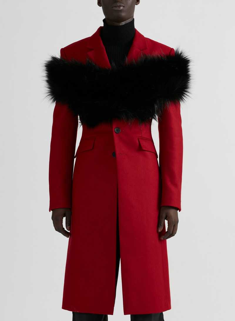 Basam Coat Red with Black Stole, front view. GmbH AW22 collection.