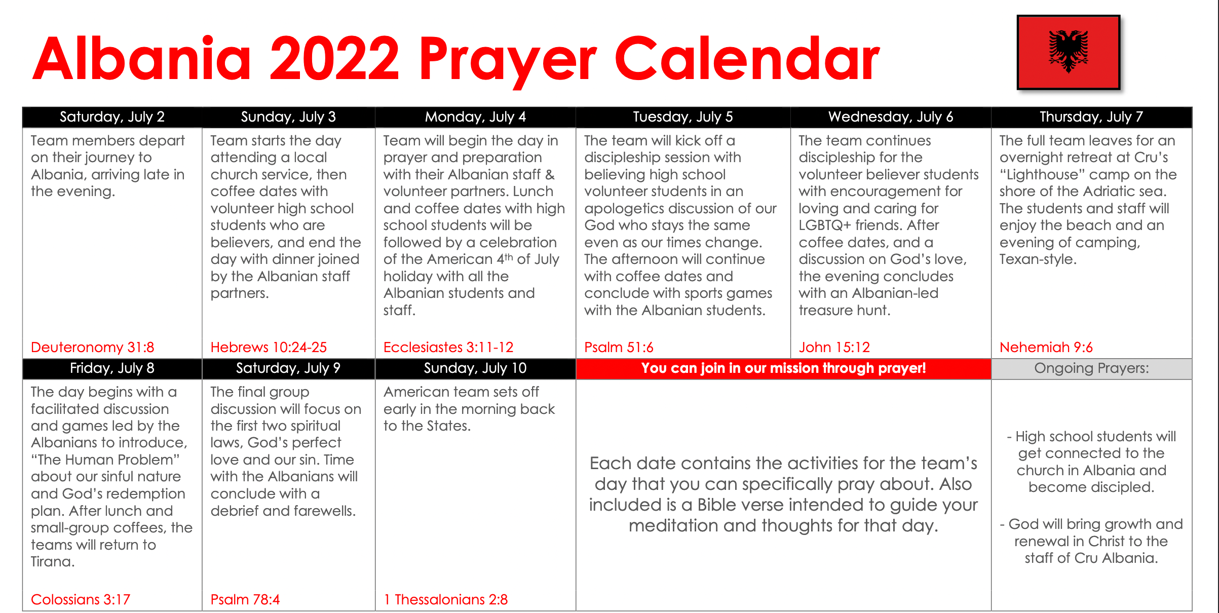 High School team prayer calendar