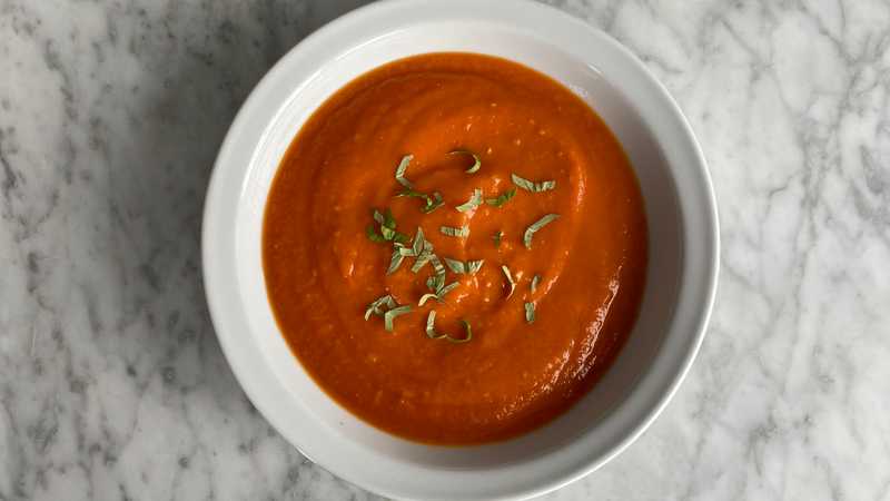 photo of completed recipe: At the end of every summer, my mom would make giant batches of this simple 5 ingredient tomato soup with vegetables from her garden and can dozens of jars…