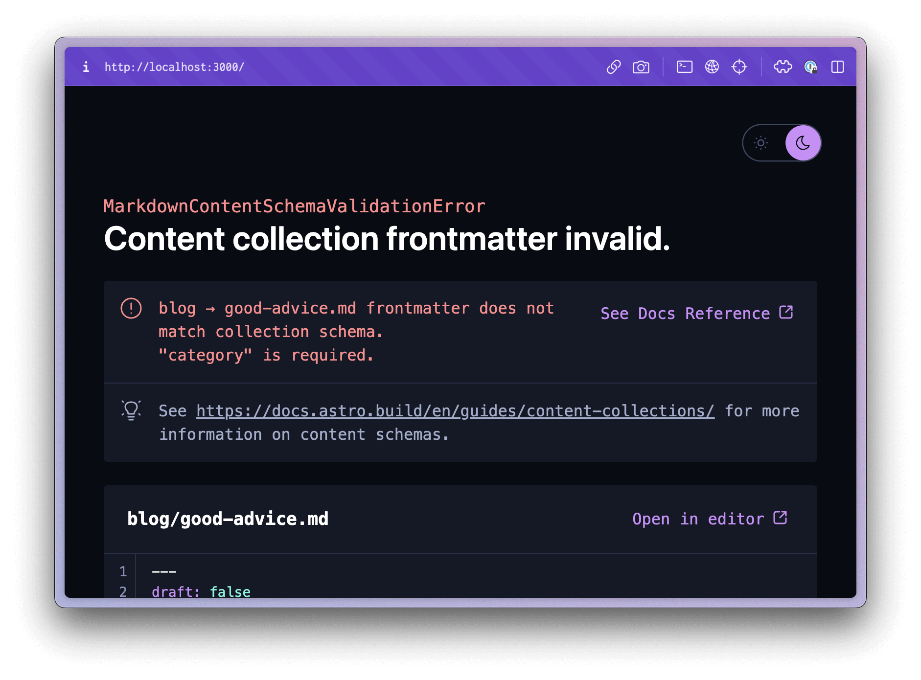 an Astro error informing the developer that the frontmatter for the new post
failed
validation