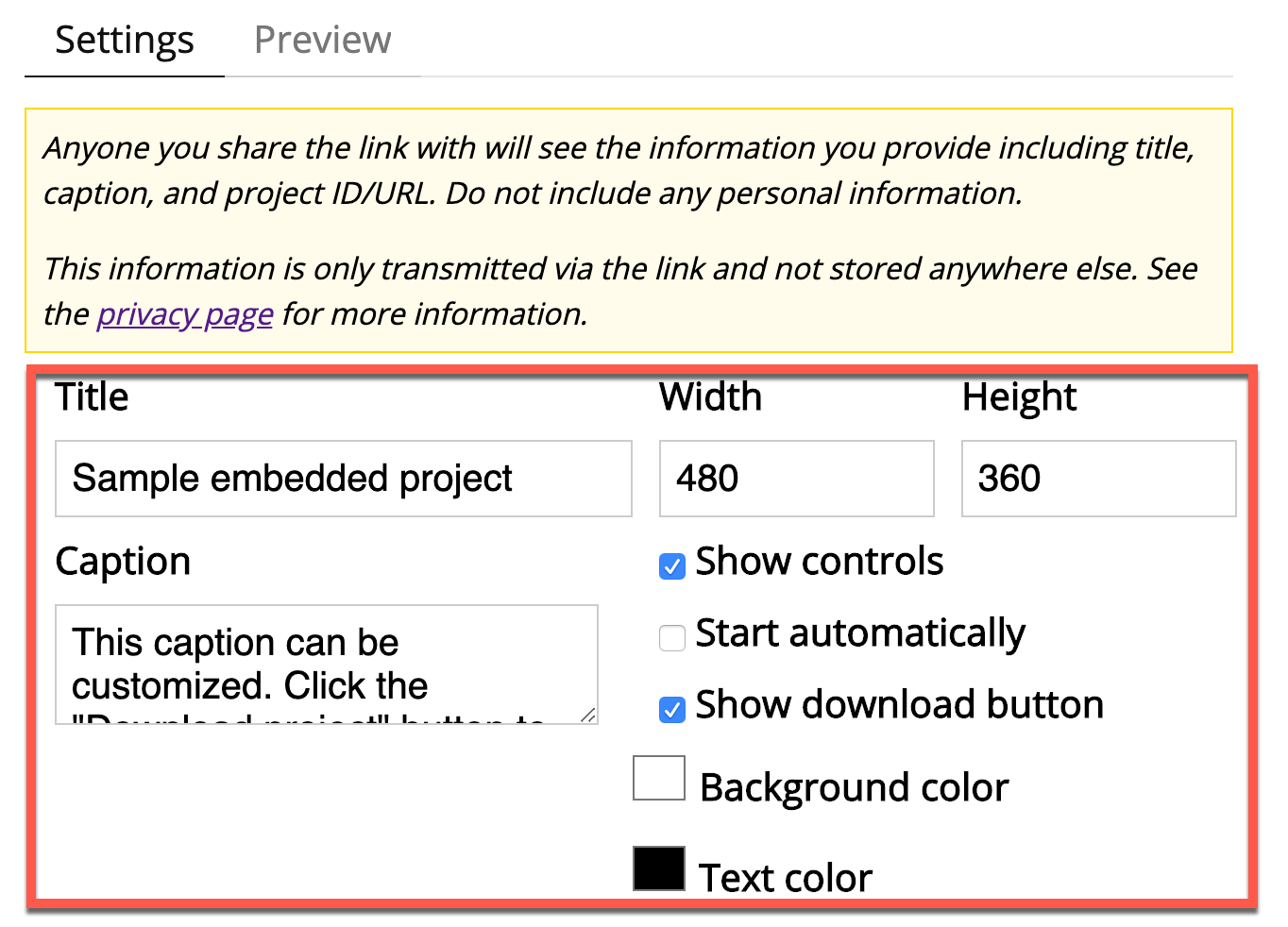 Screenshot of the controls that can be used to customize the appearance of the Scratch project. Fields include title, caption, width, height, show controls, start automatically, show download button, background color, and text color