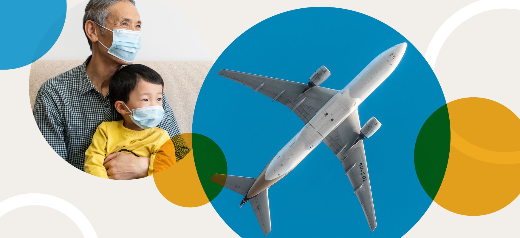 An illustration showing life after the COVID-19 vaccine, including children visiting with grandparents and a plane leaving for a vacation destination