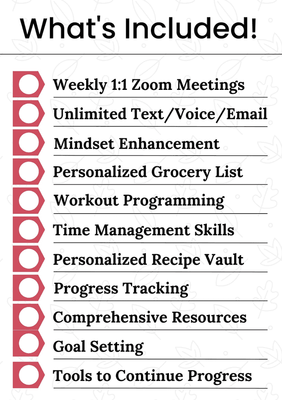 Image detailing what's included in the Forever Balance package. Weekly 1:1 Zoom Meetings, Nutrition Education, Mindset Enhancement, Grocery lists, Workout Schedules, Progress Tracking, Comprehensive Resources, Unlimited Email Support, Tools to Continue Progress