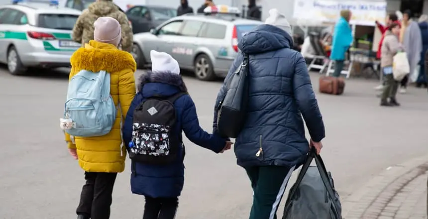 A Ukrainian family are displaced due to conflict, March 2022