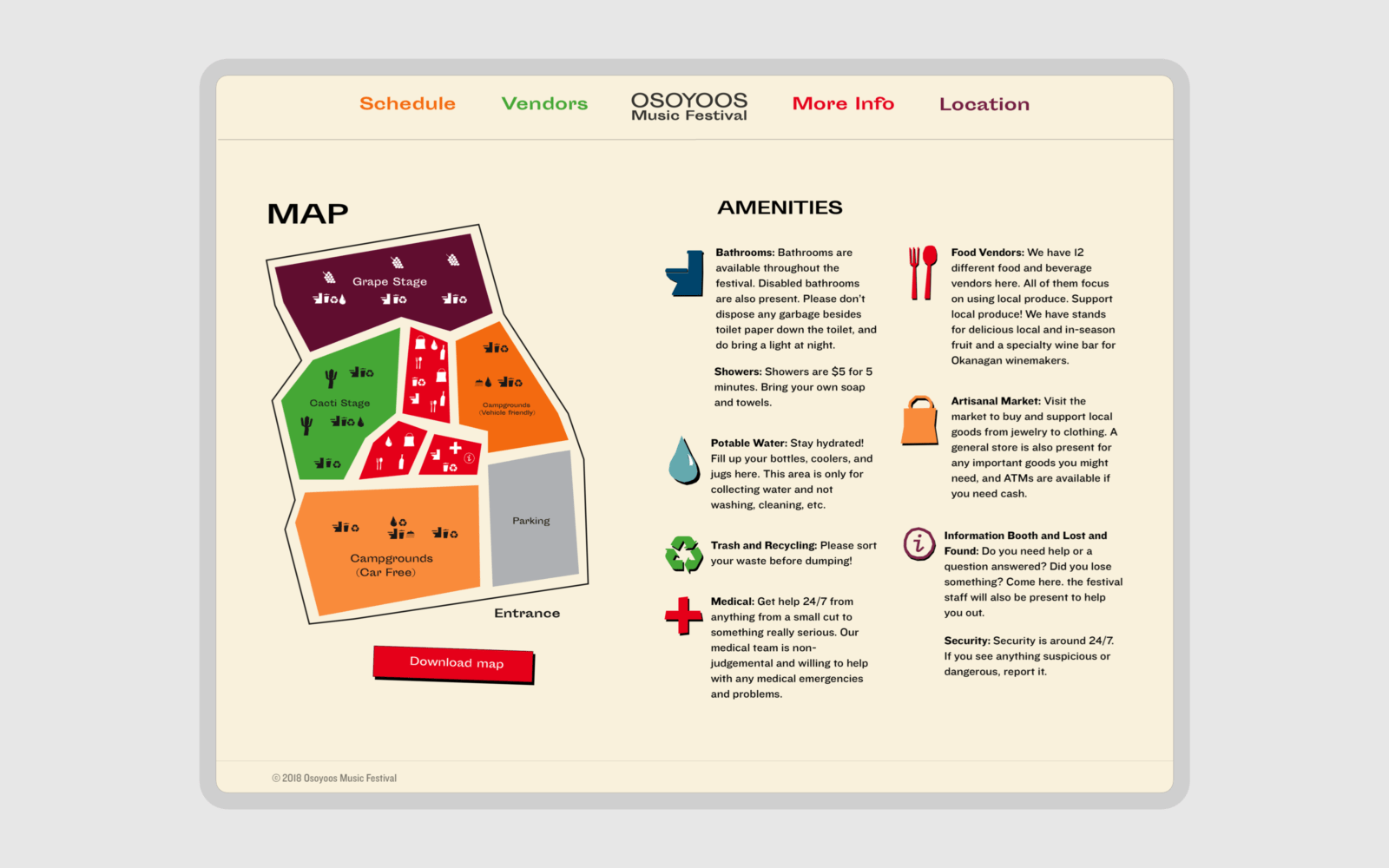 Website mocup: desktop view. The event map and amenities are shown.