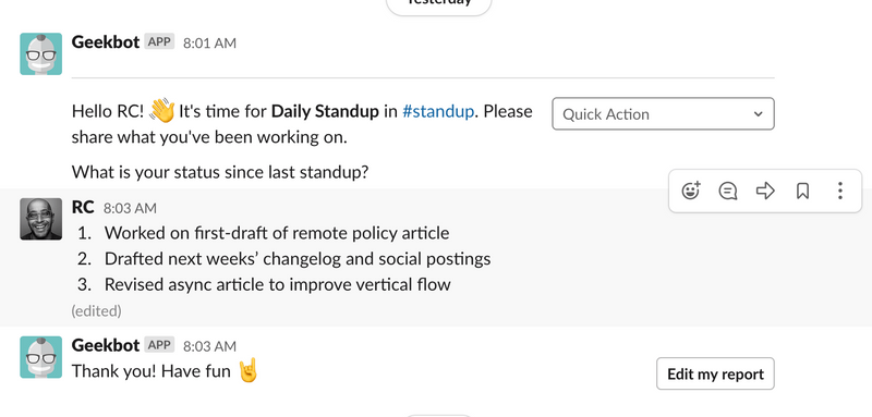 Slack Geekbot for daily standup