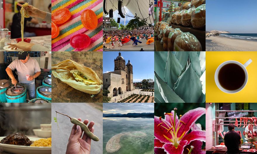 a collage of 15 tastes, sights, and smells from oaxaca including nieves, regional candies, santo domingo, agave, and coffee