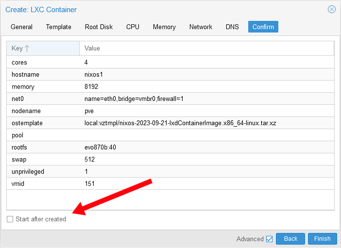 Screenshot of summary screen of Create LXC Container wizard showing that 'Start after created' is unchecked
