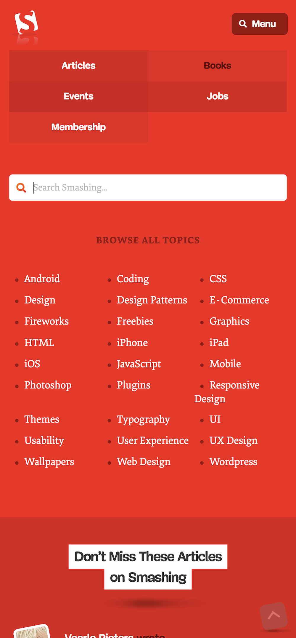 Screenshot of the Smashing Magazine Navigation on mobile