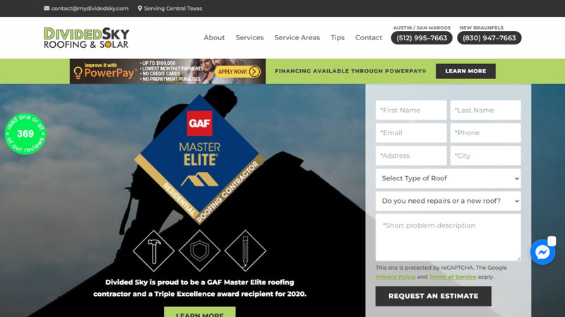 Divided Sky Roofing & Solar website screenshot