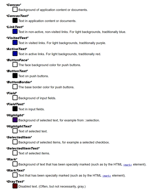 A list of system colors in the CSS spec, with swatches next to each. There is a lot of white, black, and blue.