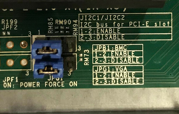 Close-up of a corner of the motherboard, showing a jumper labeled "VGA disable".
