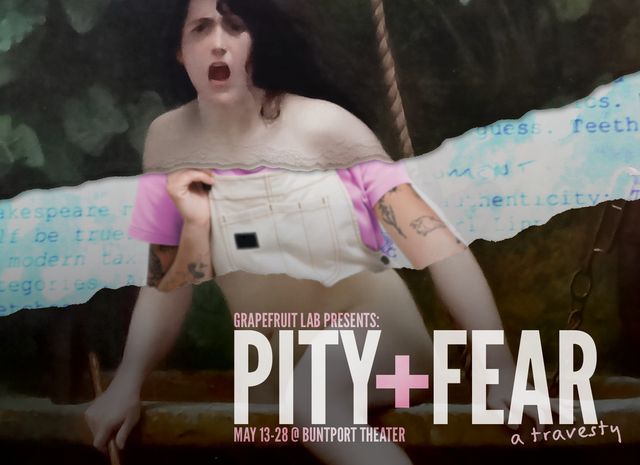 A painting of
Truth emerging from her well,
ripped along the bust to reveal tattoos and coveralls,
and text with the show title & dates.
