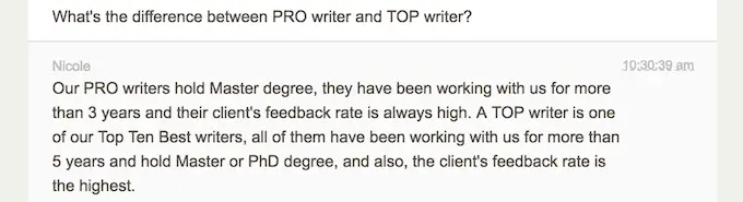 customer support answers on the question about the difference between PRO and TOP writers