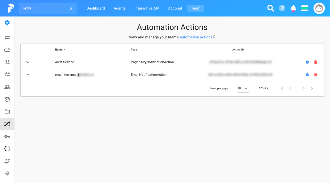 Screenshot of team Automation Actions page in Prefect Cloud