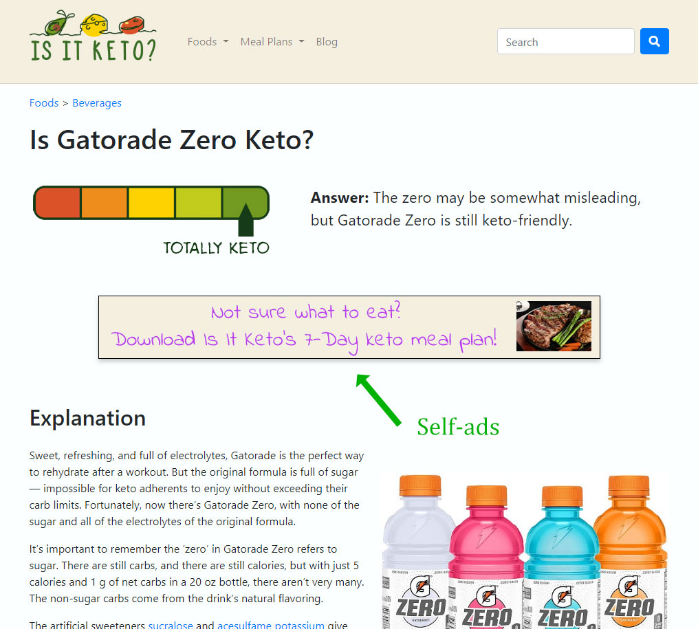 Screenshot of self-ad on Gatorade Zero page