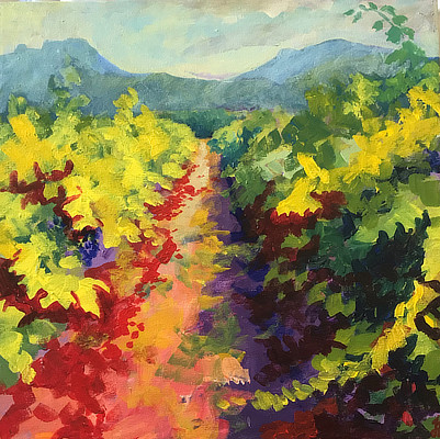 colourful landscape painting with bold yellows