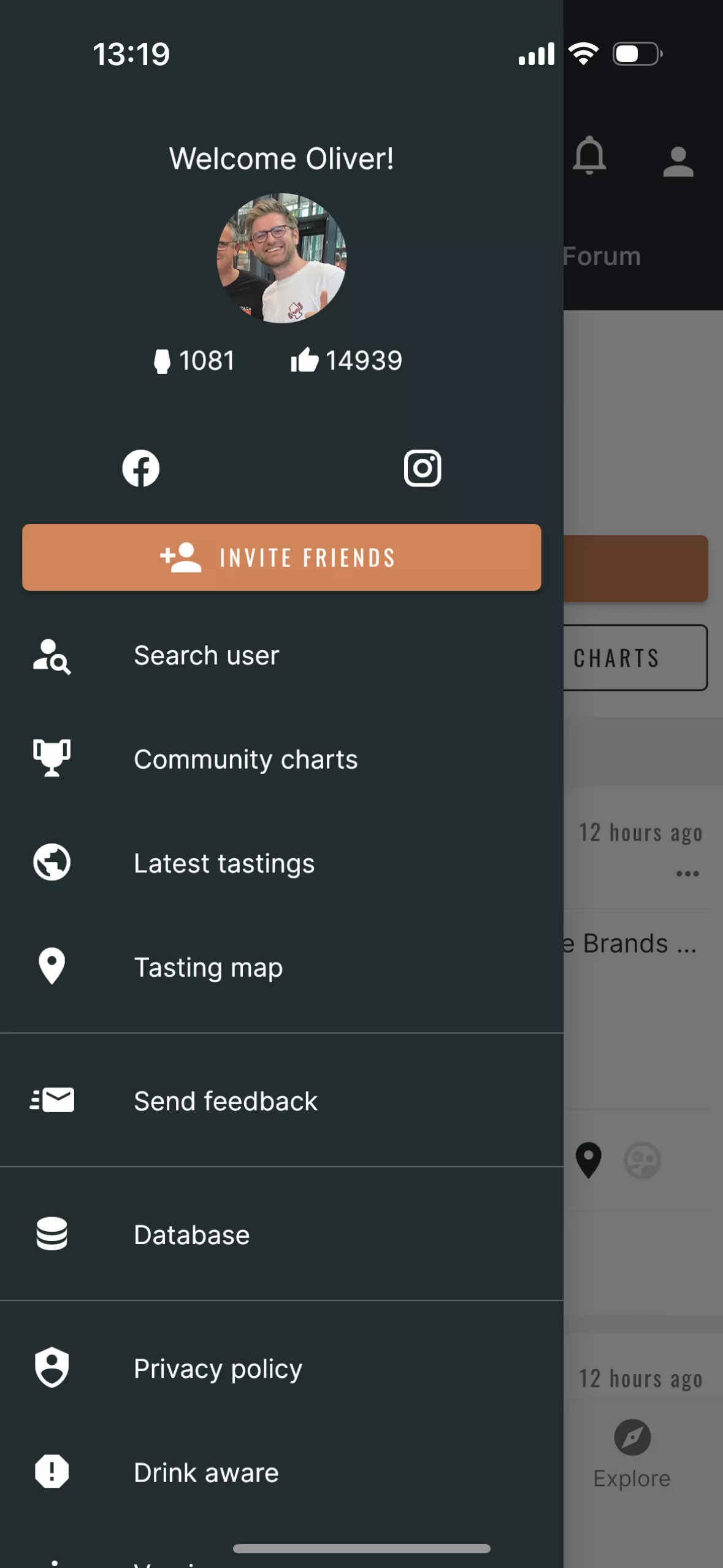 Screenshot of the in-app menu with actions like 'Search friends' or 'Community charts'