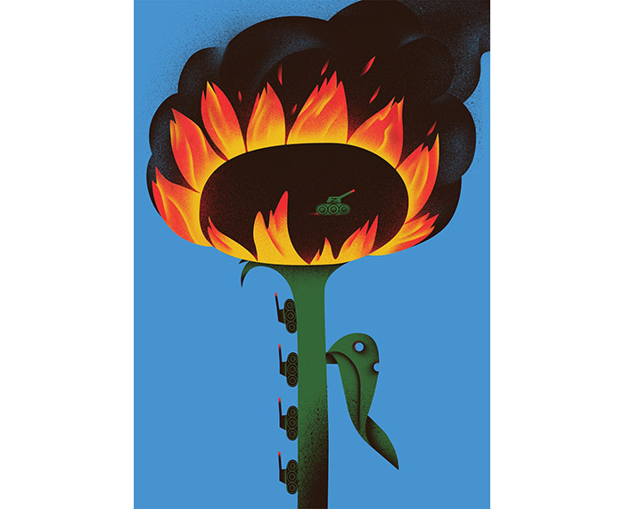 illustration of tanks climbing up a flower stem