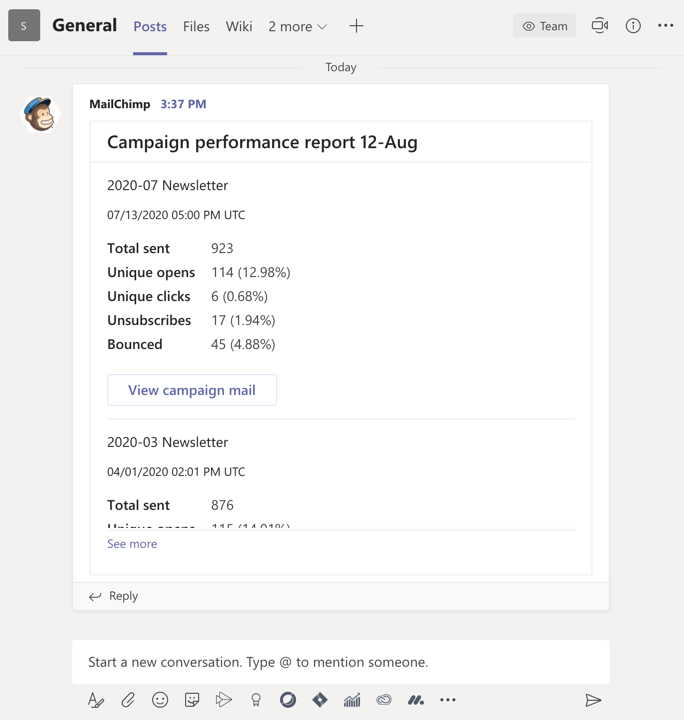 MailChimp's notification bot sends updates to users when something new happens