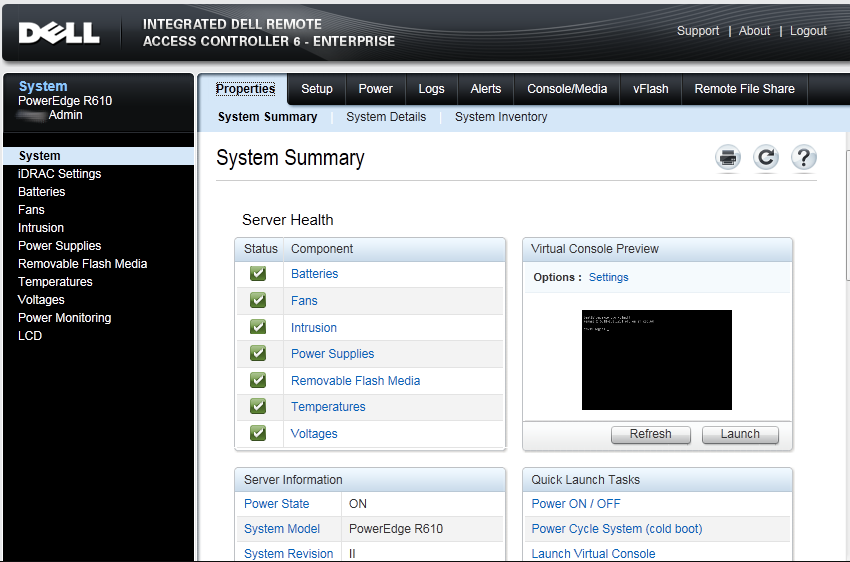 Screenshot of Dell iDRAC interface