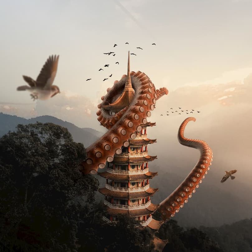 Image of pagoda surrounded by an octopus