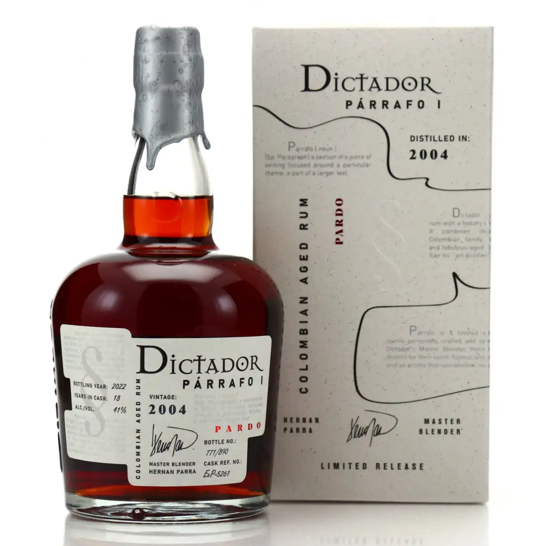 Image of the front of the bottle of the rum Dictador Párrafo I Pardo