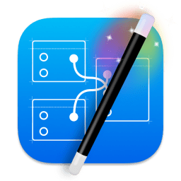 The Quartz Composer icon redesigned as a Big Sur icon. A rounded rectangle blueprint with nodes and connector lines drawn on. A magic wand with a rainbow aura and sparkles is in front of it.