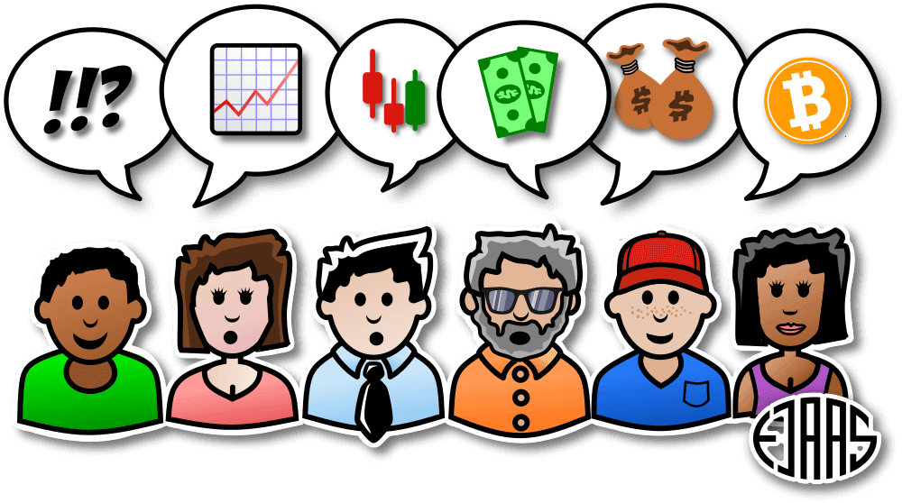 6 different cartoon caracters talking about trading-related subjects
