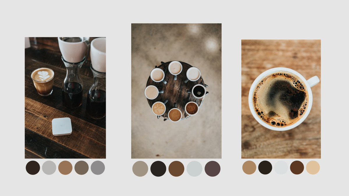 Brown color palettes abstracted from and displayed beneath 3 different photos of coffee. Each palette feels very different than the last.
