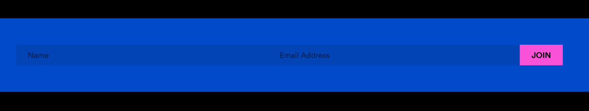 A blue form on a website, with darker blue form fields that aren't very discernable, with black text in the form fields with a hot pink submit button.