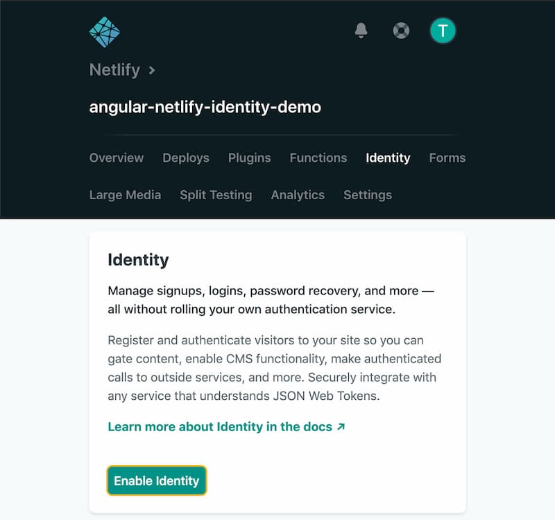 the Netlify Identity dashboard