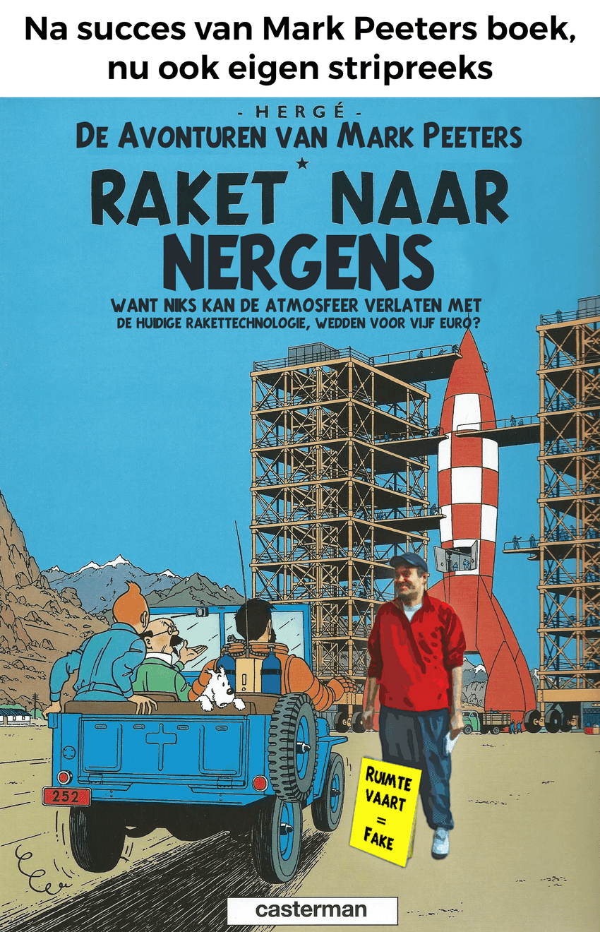 After several students published a book about Mark Peeters (Mark de Maanman), we created a fake follow-up comic book cover.
Mark surprisingly later thanked us for this cartoon, given that the real Tintin comic book used to be one of his favorite comics growing up.