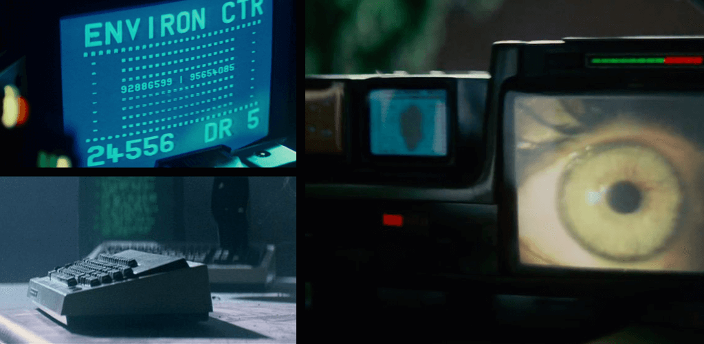 On the top left is a picture of a monochromatic monitor reading 'ENVIRON CTR'. On the bottom left a thick, dark, green keyboard. On the right multiple monitors, one showing a closeup of a human eye.