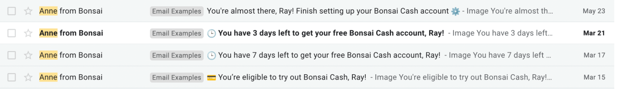 SaaS Email Nurture Campaigns: Bonsai's nurture emails previewed from an inbox