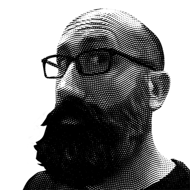 Halftone black and white image of Jason DeTiberus