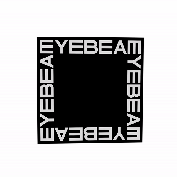 A gif of a black box with the word 'Eyebeam' on each face, slowly rotating