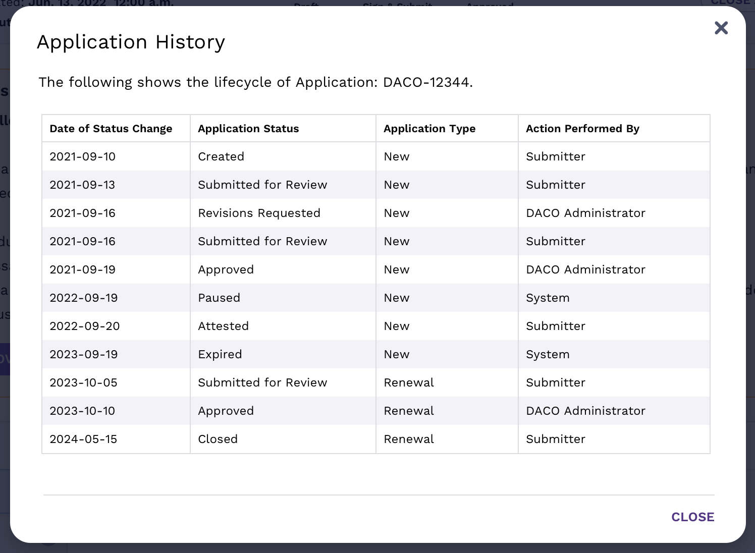 DACO application history modal