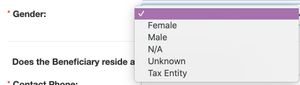 A screenshot of a website form with a field for "Gender" and select options for "Female", "Male", "N/A", "Unknown", "Tax Entity"