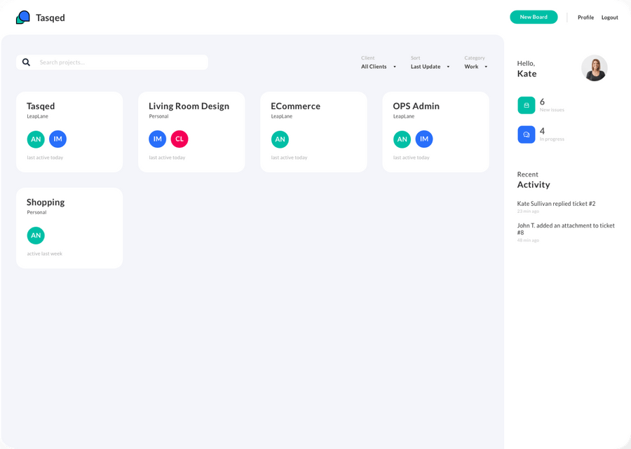 One board, one project. Organize your projects into boards, invite participants and work together.