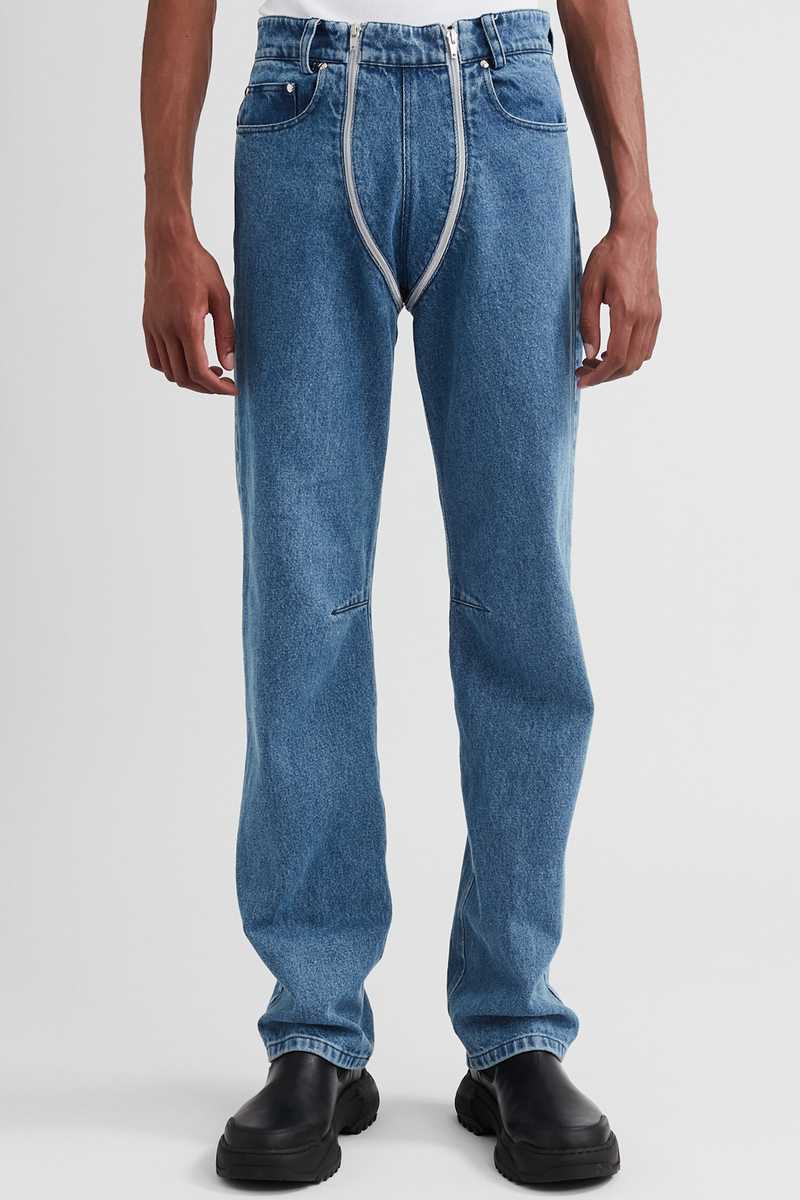 Lata Indigo BLue Denim Trousers with Exposed Double Zip Front to Back FRONT. GmbH SS22 ´White Noise´