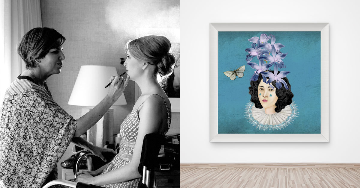Dual image of Jill Briggs working as a makeup artist alongside an image of a Flower Girls NFT.