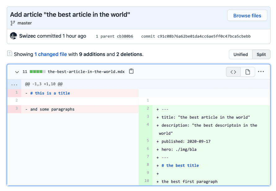 Commit change for a test article
