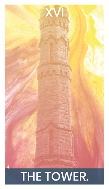 The Tower card. A stone tower rises high as a galactic storm rages on.