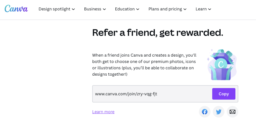SaaS Relationship Marketing: Screenshot of Canva's webpage explaining how their referral program works