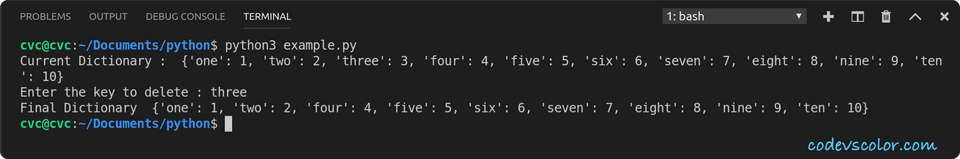 How to delete a key from a python dictionary CodeVsColor