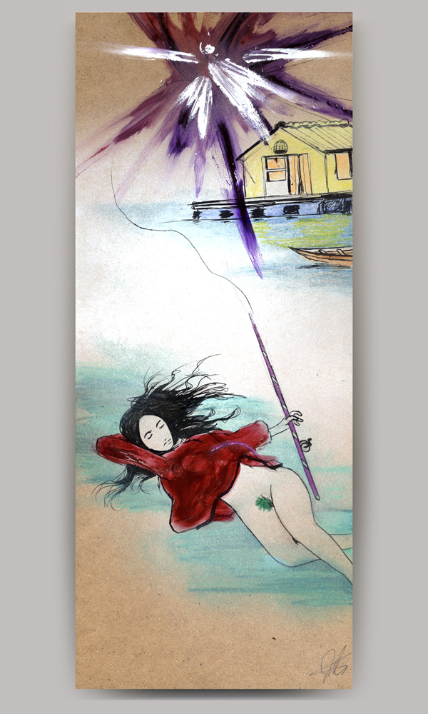 An acrylic painting on wood panel, titled 'The Isle', of a pantless woman casually lying in water with her eyes closed while holding a fishing pole which line is extending to a fireworks bang. A house floating on water is painted in the background.