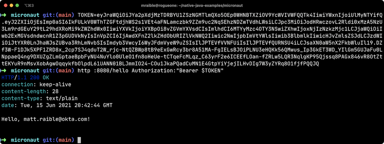 HTTPie call to Micronaut’s /hello with bearer token