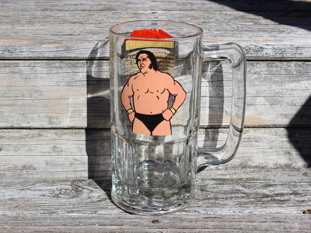 A giant Andre the Giant beer mug that is empty