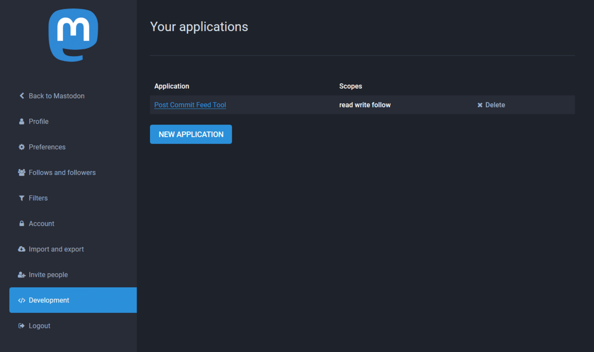 Mastodon application creation page